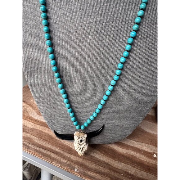 Turquoise Bead Necklace With Carved Bone Bull Skull Pendant & Brown Leather Cord - Picture 2 of 7